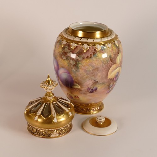 1323 - H. Ayrton for Royal Worcester, hand painted fruit still life potpourri vase and cover with internal ... 