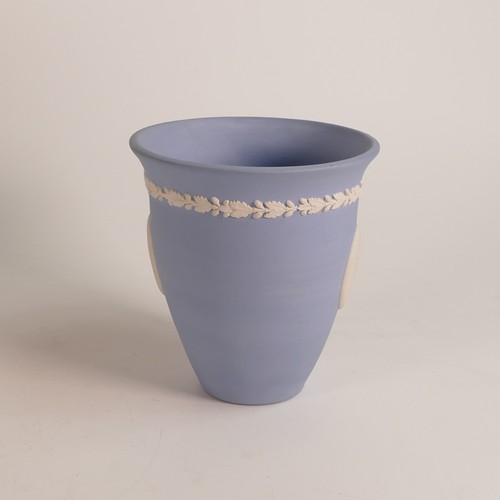 1361 - Wedgwood, prototype blue on white Jasperware pot. Decorated with acorn band to top and two blank car... 