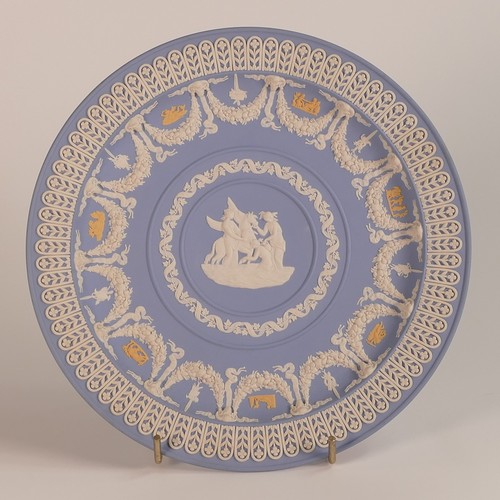 1391 - Wedgwood, tri-colour Jasperware plate. Blue Jasperware body with white relief and small yellow relie... 