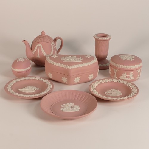 1393 - Wegdwood, eight pink Jasperware items including miniature tea pot, trinket pots, candlestick and dis... 