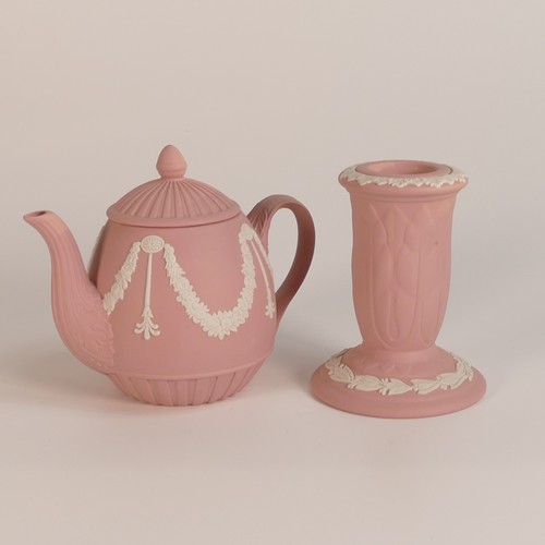 1393 - Wegdwood, eight pink Jasperware items including miniature tea pot, trinket pots, candlestick and dis... 