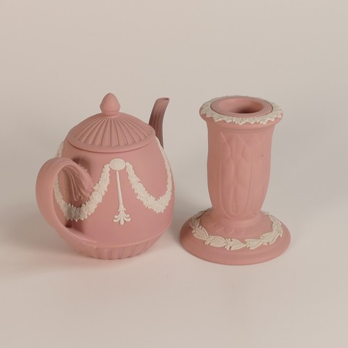 1393 - Wegdwood, eight pink Jasperware items including miniature tea pot, trinket pots, candlestick and dis... 