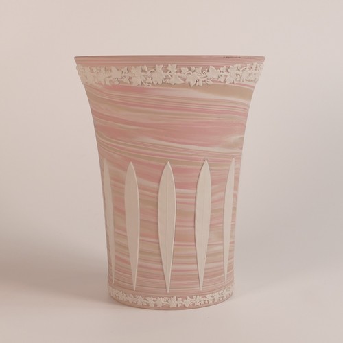 1408 - Wedgwood tri colour pink, light taupe and white marbled Jasper unique studio vase. Decorated with le... 