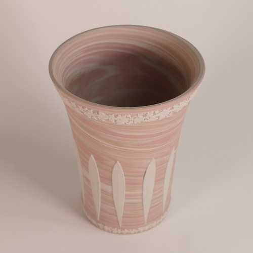 1408 - Wedgwood tri colour pink, light taupe and white marbled Jasper unique studio vase. Decorated with le... 