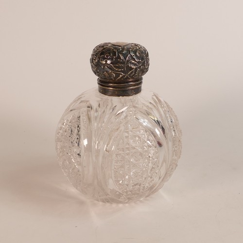 1417 - Victorian cut crystal and parcel-gilt sterling silver globular perfume bottle. Blank shield cartouch... 