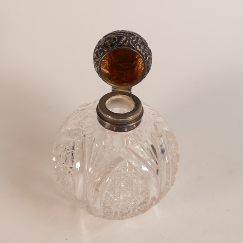 1417 - Victorian cut crystal and parcel-gilt sterling silver globular perfume bottle. Blank shield cartouch... 