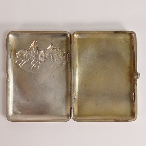 1420 - .875 Russian Silver, embossed horse drawn sleigh scene cigarette case. Hallmarks inside to both halv... 