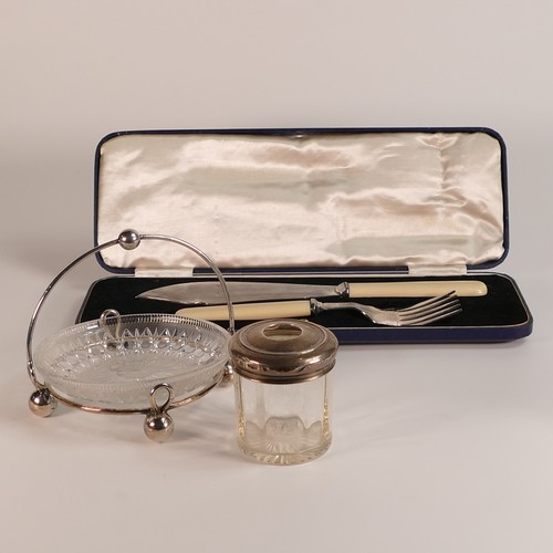 1425 - Silver footed dish with glass bowl, Silver topped jar and boxed Silver plated fish knife and fork, s... 