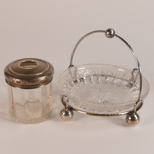 1425 - Silver footed dish with glass bowl, Silver topped jar and boxed Silver plated fish knife and fork, s... 