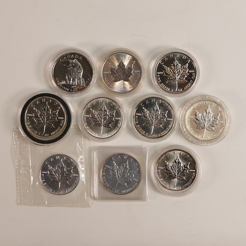 1465 - 10 x .999 fine silver CANADA Dollar coins, in capsules, dates as shown in photos.