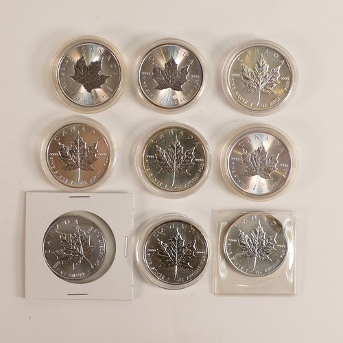 1466 - 9 x .999 fine silver CANADA Dollar coins, in capsules, dates as shown in photos.