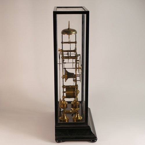 1165B - Victorian single train Skeleton clock. Arabic numeral plate dial and housed in ebonised glass case o... 