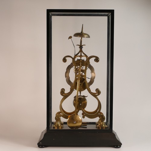 1165B - Victorian single train Skeleton clock. Arabic numeral plate dial and housed in ebonised glass case o... 