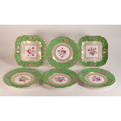 295A - Copelands Spode, four green ground floral plates together with two square serving dishes. 'T Goode &... 