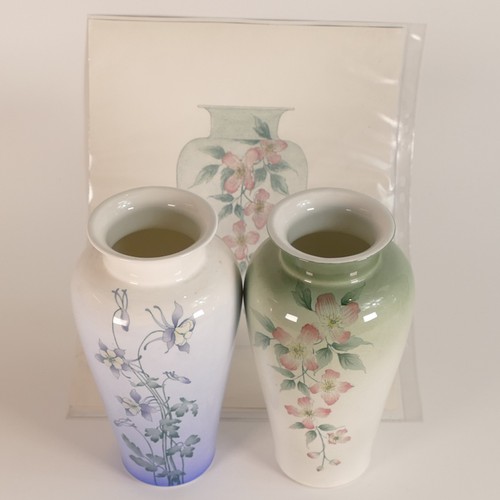 447D - Royal Doulton, two prototype floral porcelain vases with accompanying original watercolours monogram... 