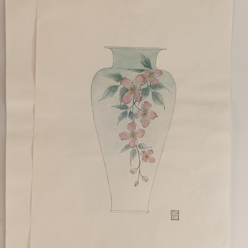 447D - Royal Doulton, two prototype floral porcelain vases with accompanying original watercolours monogram... 