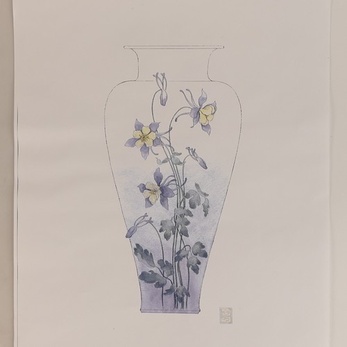 447D - Royal Doulton, two prototype floral porcelain vases with accompanying original watercolours monogram... 