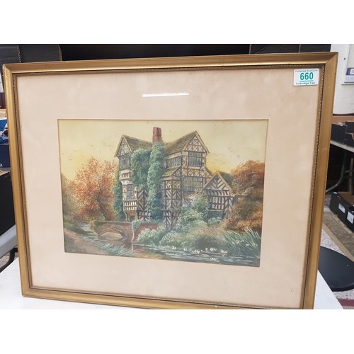 660 - John THORLEY (British, 1859-1933) Little Moreton Hall. Watercolour on paper. Framed behind glass. SI... 