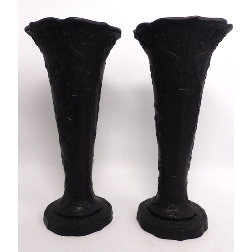 280 - Pair of Wedgwood black basalt trumpet form vases, one with damage to top rim (chip is present) Heigh... 