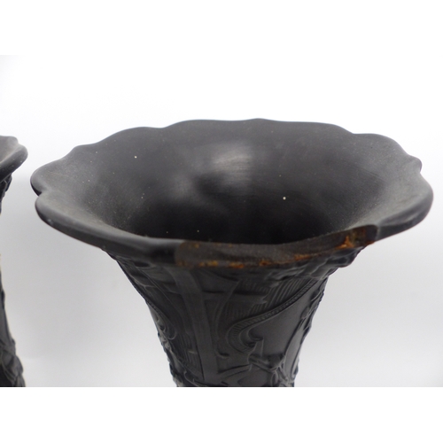 280 - Pair of Wedgwood black basalt trumpet form vases, one with damage to top rim (chip is present) Heigh... 