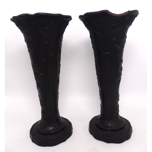 280 - Pair of Wedgwood black basalt trumpet form vases, one with damage to top rim (chip is present) Heigh... 