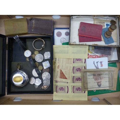 414 - A mixed collection of items to include coins, vintage driving licenses, set of 'Gestes Frivoles' ero... 