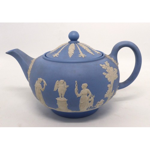 215 - Wedgwood jasper ware tea pot in powder blue, height 13.5cm.