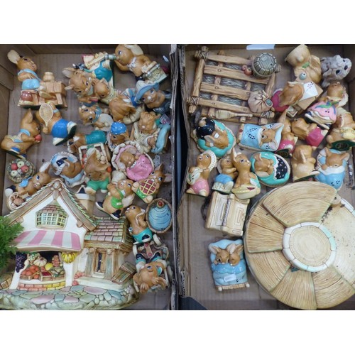 411 - Large quantity of Pendelfin figures and buildings (2 trays).