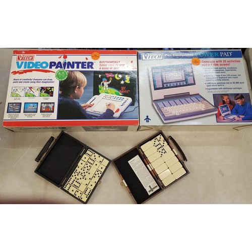 257 - Boxed VTech Pre Computer Power Pad and a boxed VTech Video Painter, together with 2 cased set of dom... 