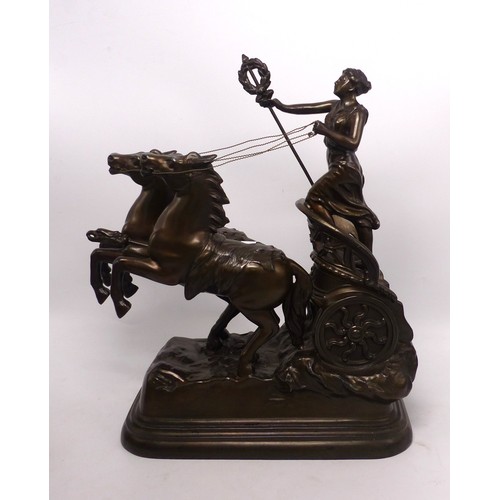 287 - Spelter figural group of a female charioteer in a chariot being pulled by 2 horses, height 31cm.