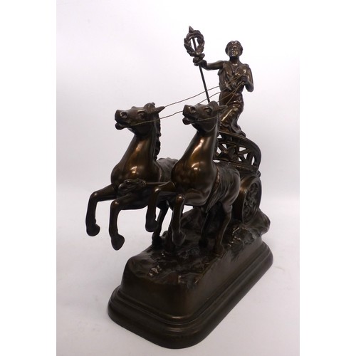 287 - Spelter figural group of a female charioteer in a chariot being pulled by 2 horses, height 31cm.