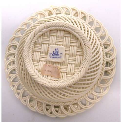 251 - A Belleek lattice-work 'Spring Basket', 16.5cm diameter, encrusted with buttercup and clover decorat... 