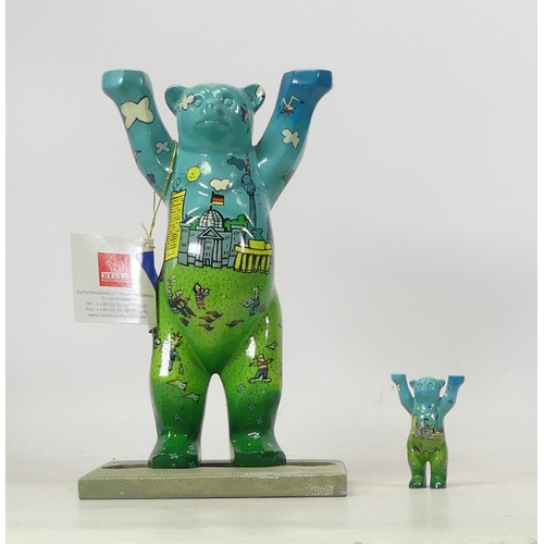 296 - Buddy Bar Berlin, Original Buddy Bear Valerie Kurtu 0999 in two sizes with one stand. In original bo... 