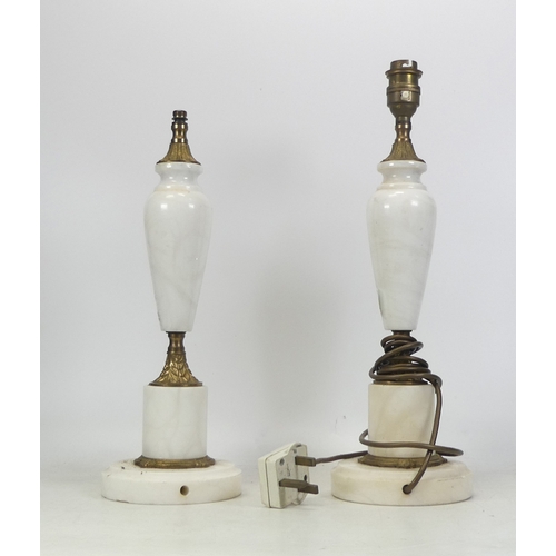 194 - Two white marble effect Lamps with brass type decorative middle and tops (not tested) 32cm tall(2)