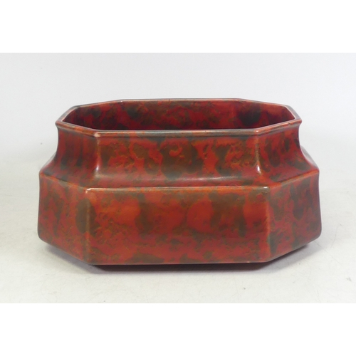 203 - Minton Hollins 'Astra Ware' Octagon shaped red mottled bowl 20cm long x 15cm wide x 10cm tall