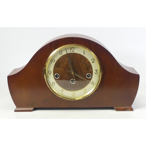 195 - Wooden Mantel Clock made in Germany complete with key (untested) 35cm wide x 20cm Tall