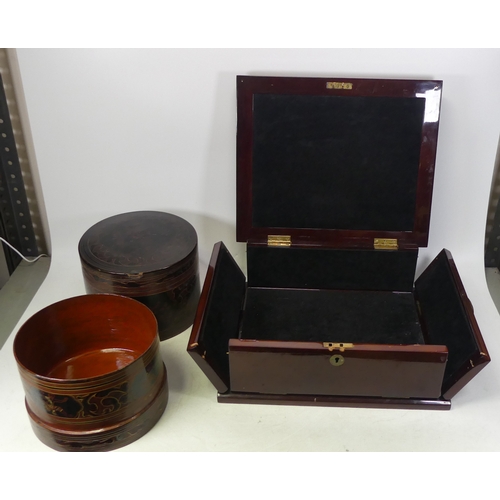 304 - Two Wooden Boxes to include a Burmese Yun Ware Lacquer type box  18cm high x 19cm dia also a polishe... 