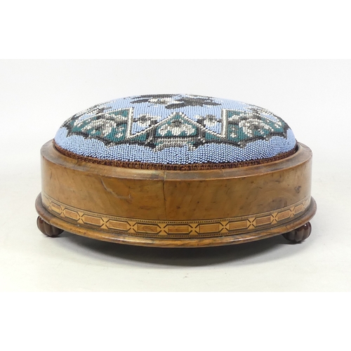 320 - Victorian Beaded Footstool on Inlaid Base with Ceramic Feet.