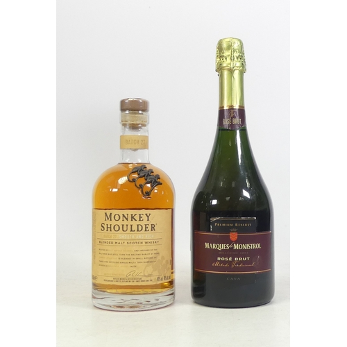 189 - 70cl Monkey SHoulder Blended Malt Scotch Whisky together with 75cl Marques de Monistrol Rose Brut Ca... 