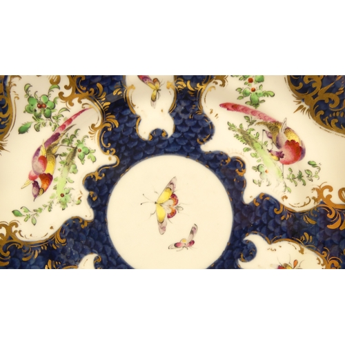 293 - Grainger & Co. Worcester, Pair of Blue Scaled Ground Plates with gilt rococo cartouche and insect pa... 