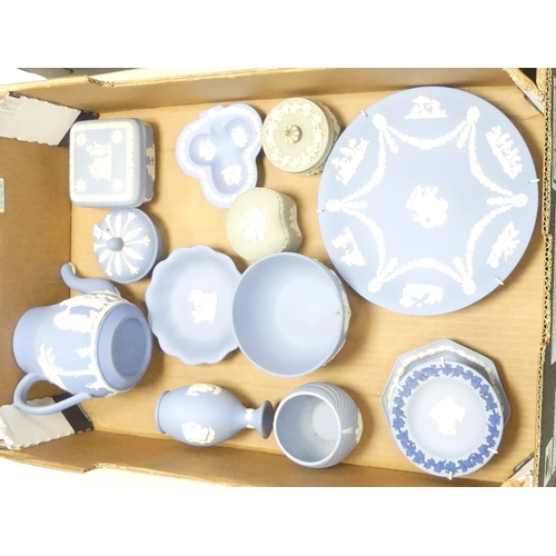 554 - Wedgwood, A Collection of mostly blue jasperware items including teapot together with grey trinket b... 