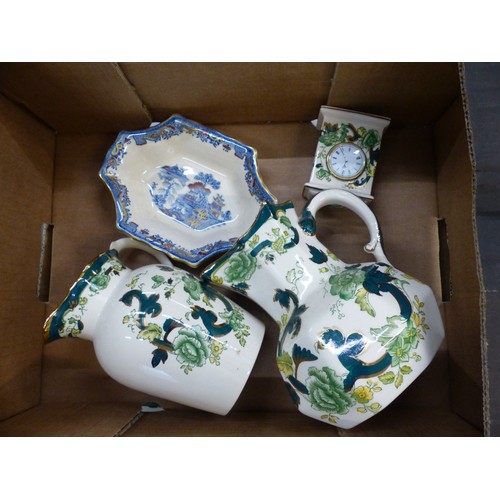 278 - Mason's ceramic items to include a small mantle clock and 2 jugs in the Green Chartreuse pattern tog... 