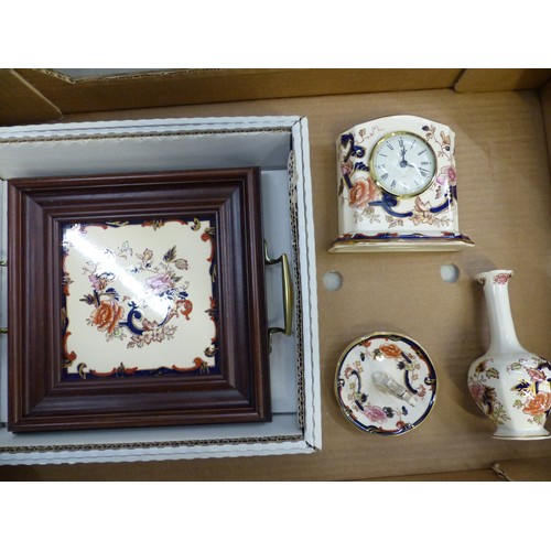 593 - Mason's ceramic items to include a boxed framed tile tray, mantle clock, bud vase and a ring tree al... 