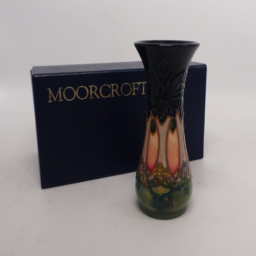 113 - Moorcroft vase in the Cluny pattern, height 13cm, boxed.