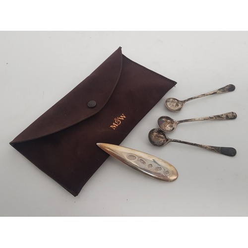 763 - Three sterling silver mustard spoons together with a Mappin & Webb sterling silver letter opener in ... 