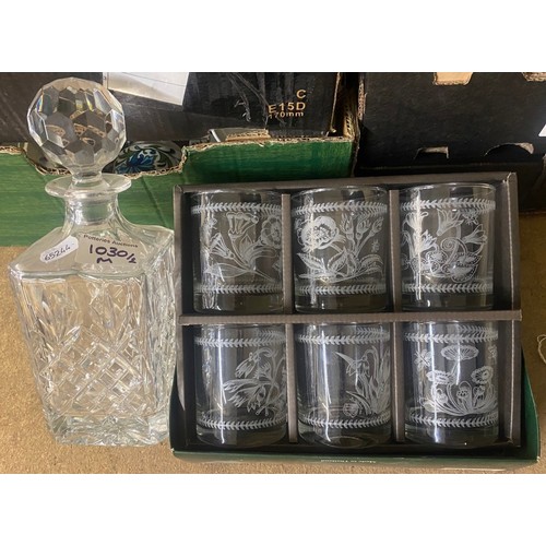 186 - Crystal spirit decanter together with a boxed set of 6 Portmeirion tumblers (7).