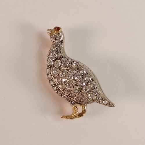 1277 - Antique yellow & white metal partridge brooch, set with approx 50 diamonds of varying sizes, electro... 