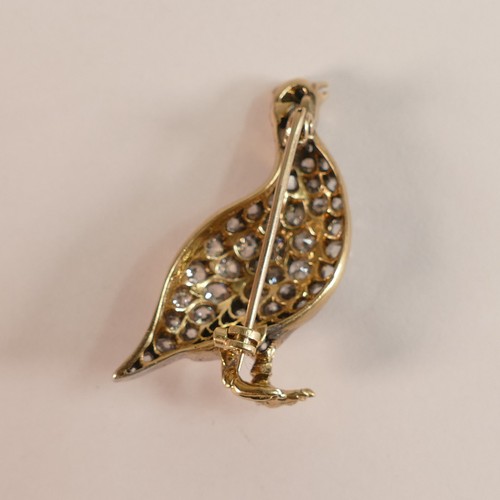 1277 - Antique yellow & white metal partridge brooch, set with approx 50 diamonds of varying sizes, electro... 
