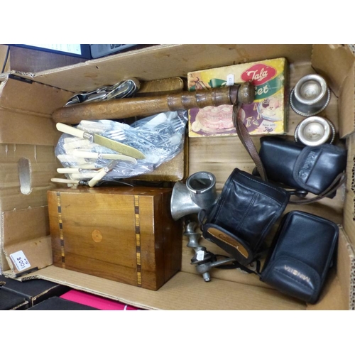 224 - A mixed collection of metalware to include silver plate cutlery, wooden truncheon, writing box, Cano... 