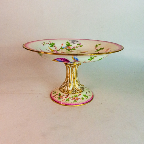 218 - Early 20th century comport decorated with Chelsea type birds, diameter 27cm, height 16cm.